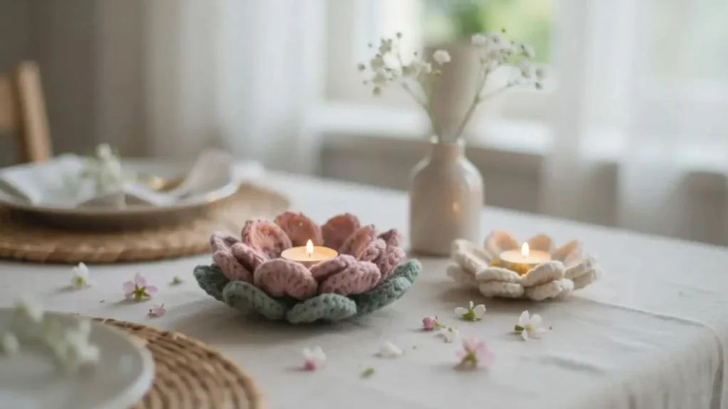 Pink crochet flower tealight holder with layered petals and green leaves.