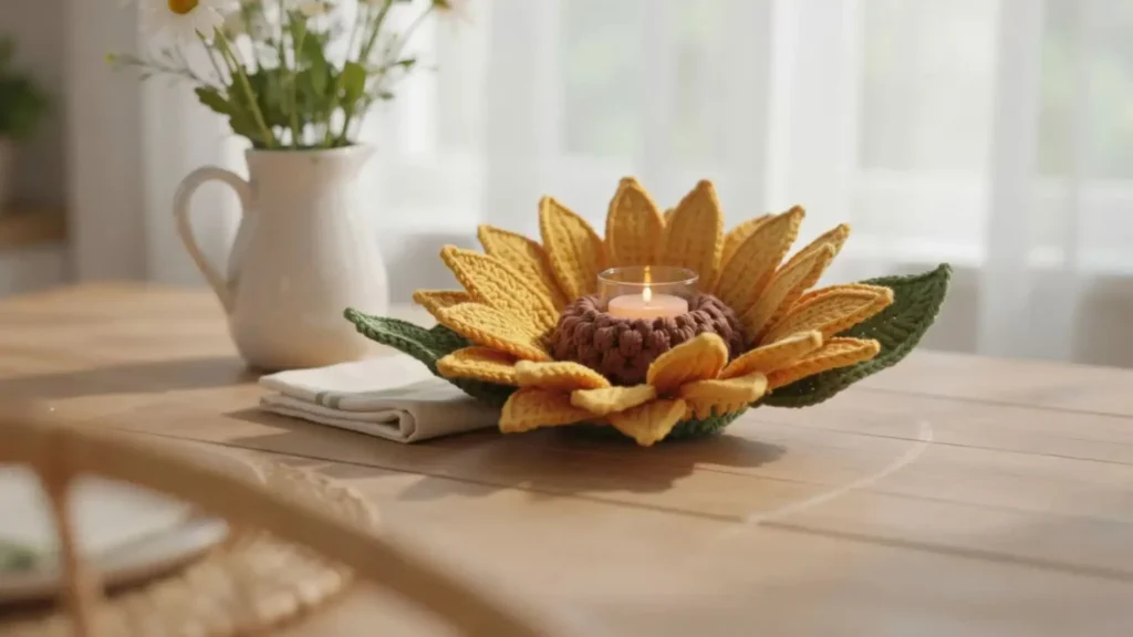Crochet sunflower candle stand with yellow petals and a glowing LED jar.