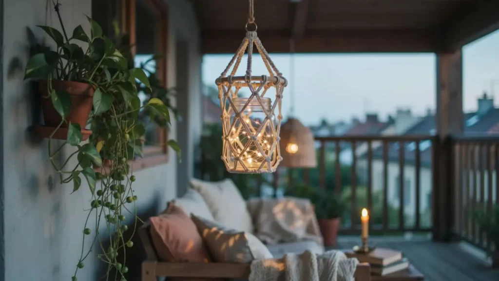 Hanging crochet lantern with warm LED fairy lights on a boho balcony.