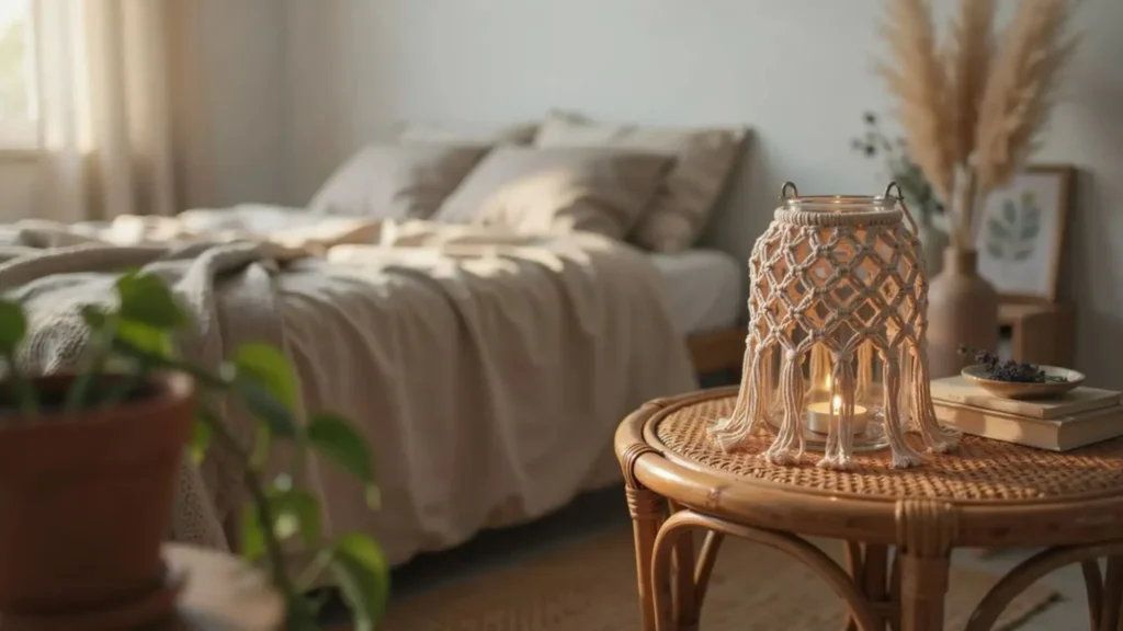 Macramé-inspired crochet lantern cover with tassels and warm LED light.