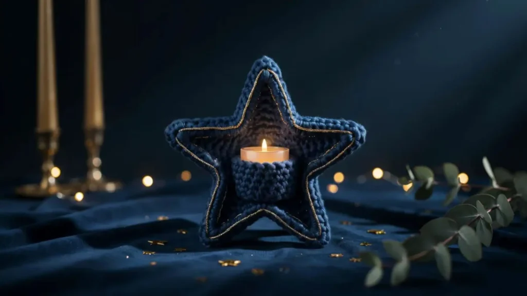 Navy star-shaped crochet candle stand with gold edging and LED light.