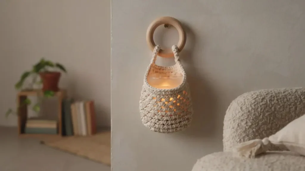 Crochet wall pocket holding a warm LED candle beside a reading chair.