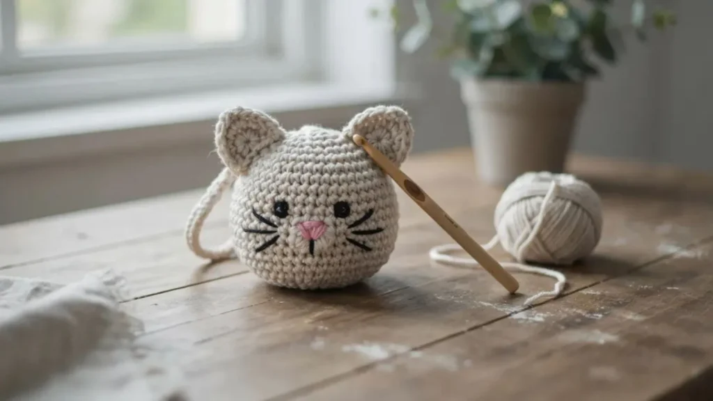 Handmade crochet cat bag pattern showing a classic kitty face purse in cream yarn with embroidered nose and whiskers