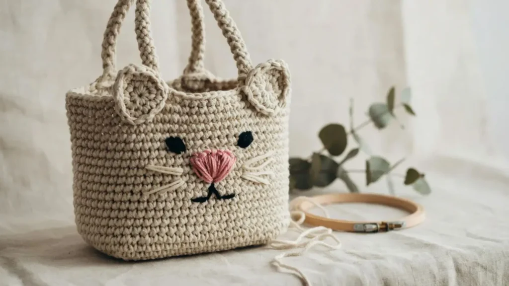 Crochet cat bag pattern with a raised triangular nose design on a beige tote bag