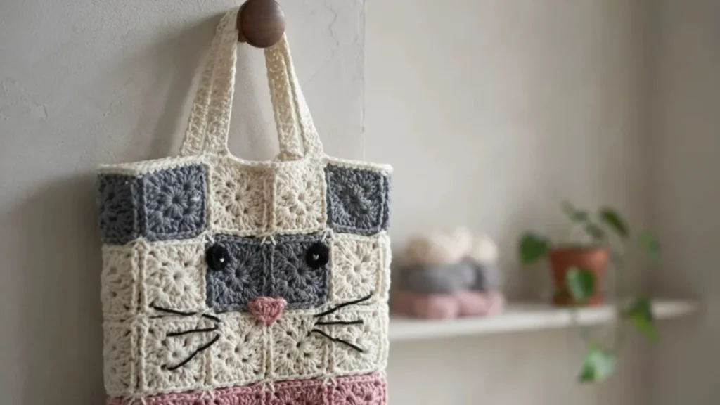 Granny square crochet cat bag pattern made from patchwork squares forming a cat face