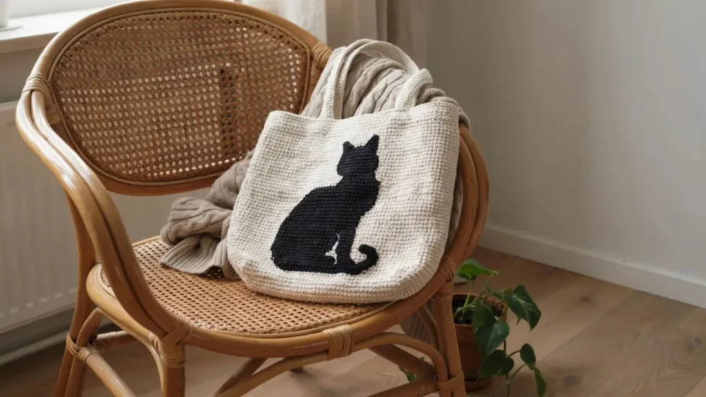 Tapestry crochet cat bag pattern showing a black cat silhouette worked into a cream tote
