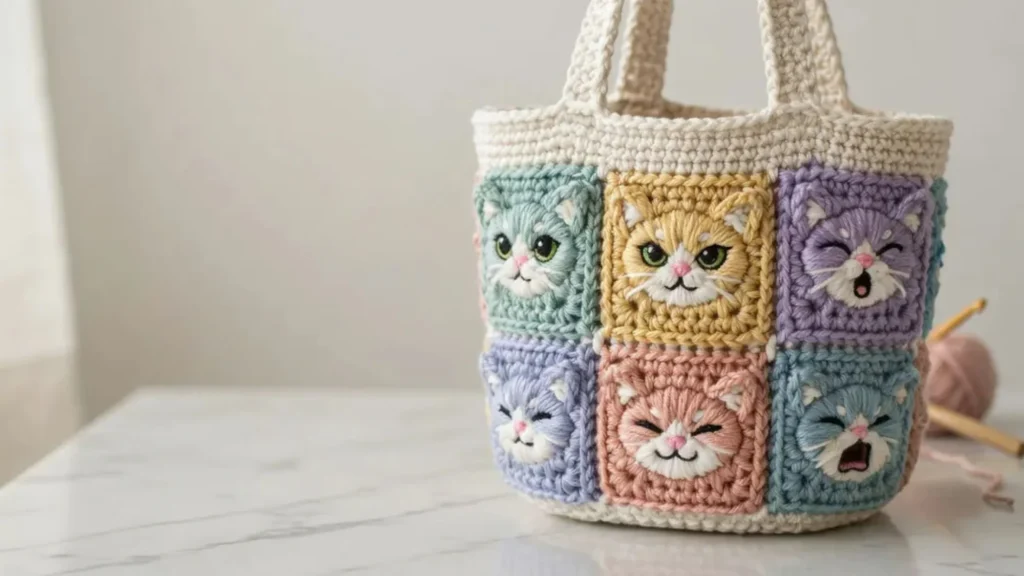 Color block crochet cat bag pattern with an hourglass arrangement of cat face squares