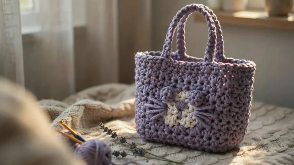 Shell stitch crochet cat bag pattern featuring a textured scalloped tote with a puff stitch cat face