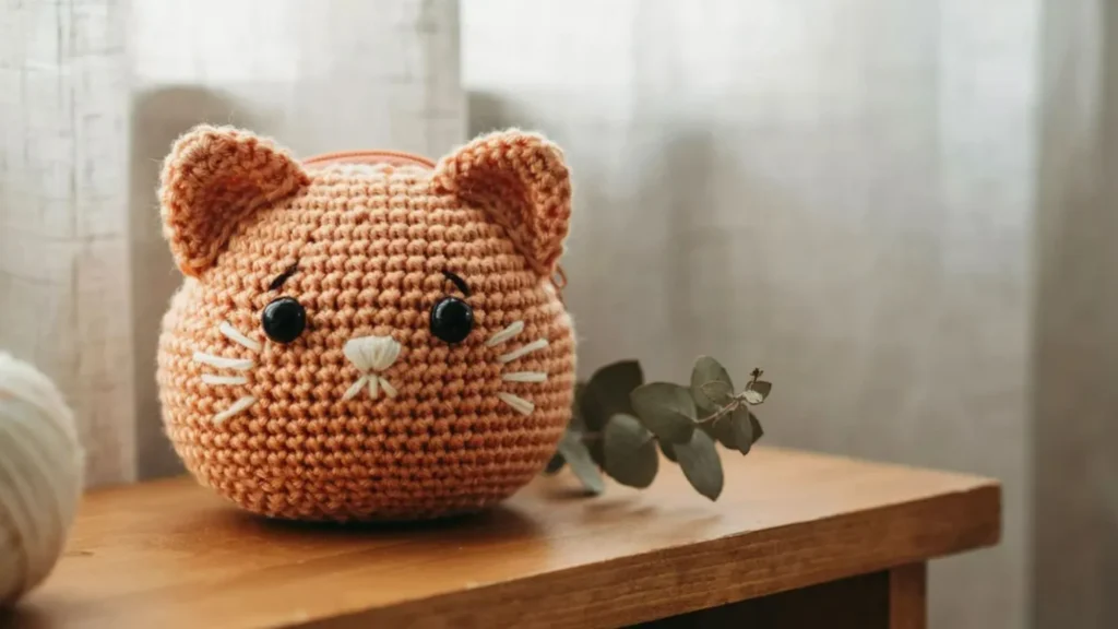 Amigurumi style crochet cat bag pattern shaped like a round three dimensional cat head purse