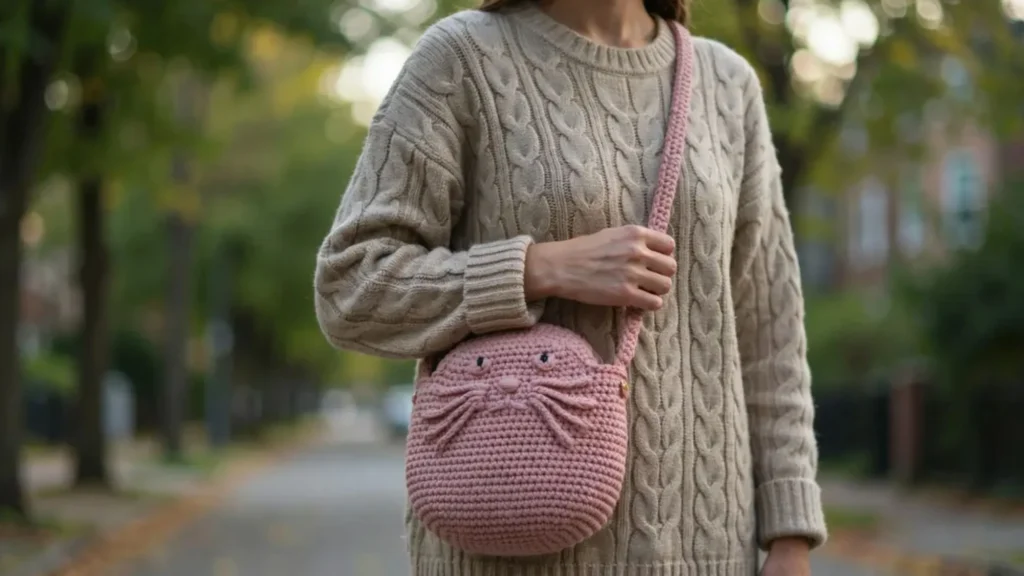 Crochet cat bag pattern designed as a crossbody bag with raised whisker details