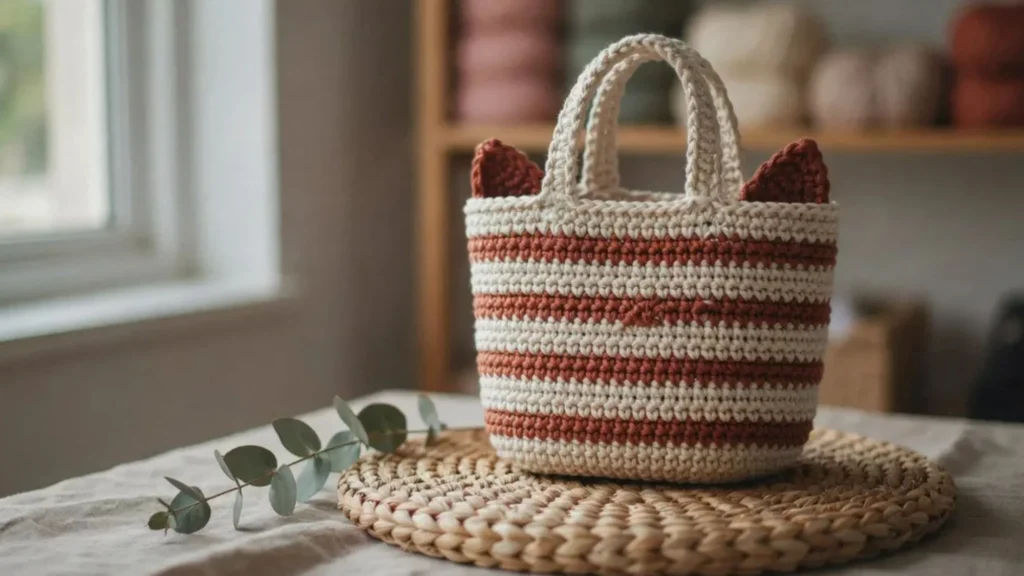 Striped crochet cat bag pattern with contrasting ears on a cream and terracotta tote