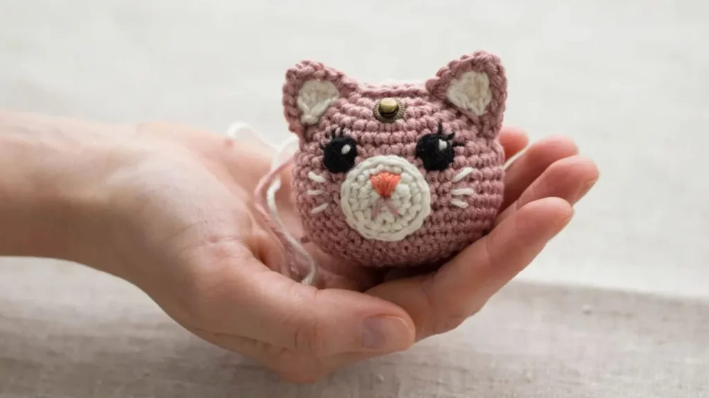 Mini crochet cat bag pattern for a small coin purse shaped like a cat face