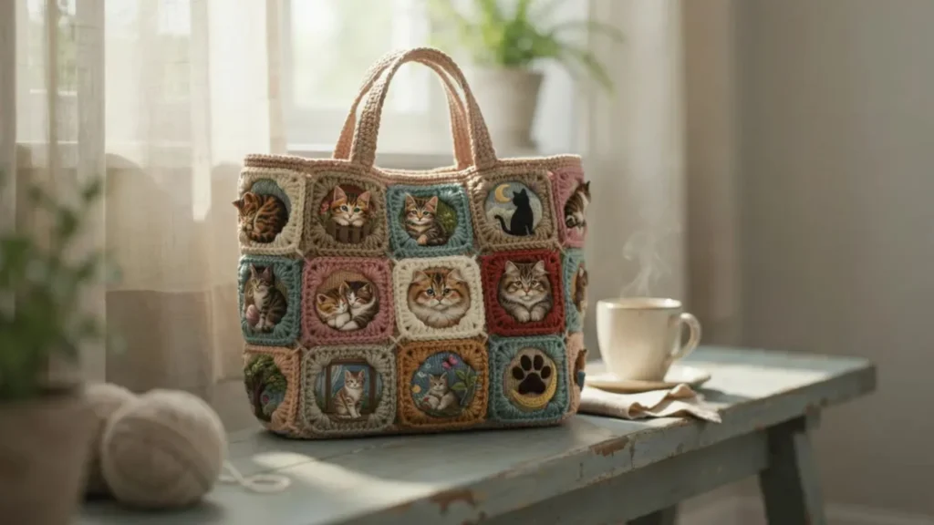 Multi square crochet cat lady bag pattern made from thirteen individual patchwork pieces