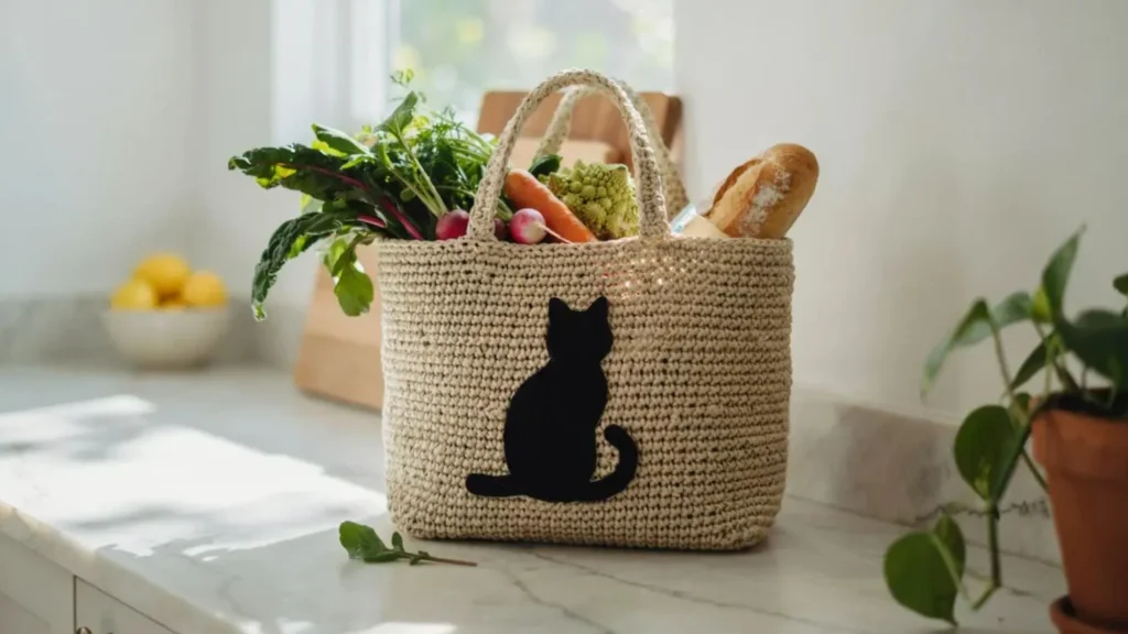 Crochet cat bag pattern for a large market tote featuring a bold cat silhouette