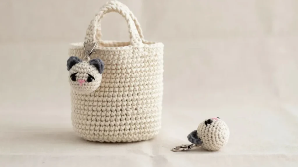 Crochet cat bag pattern with a removable amigurumi cat charm attached to the strap