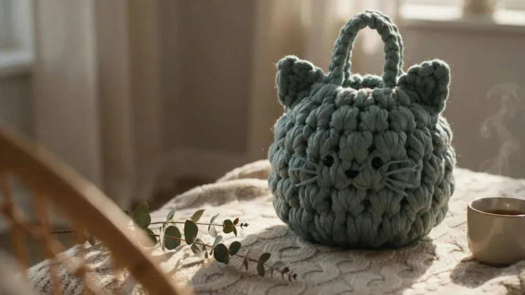 Textured puff stitch crochet cat bag pattern with a plush surface and simple cat face