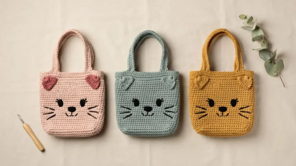 Customizable crochet cat bag pattern shown in three different colorways side by side