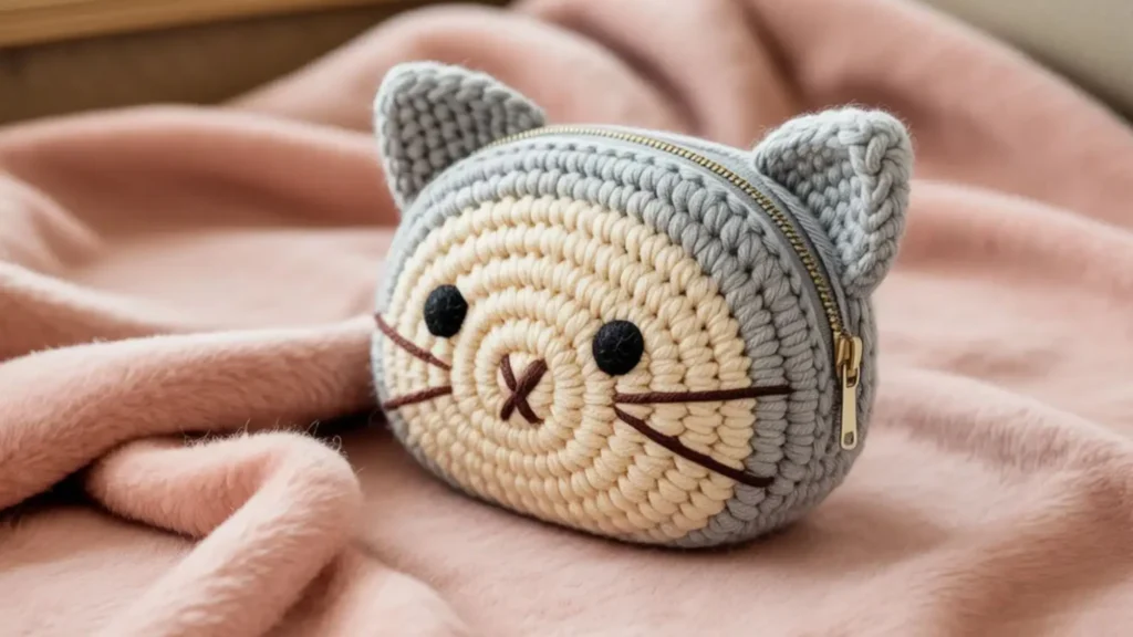 Cat face amigurumi crochet pencil case with zipper mouth closure