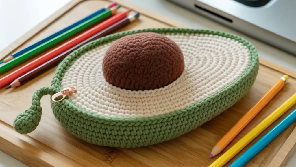 Avocado-shaped crochet pencil case idea with felted pit zipper pull
