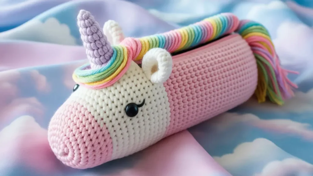 White unicorn amigurumi crochet pencil pouch with rainbow yarn mane