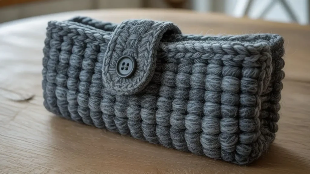 Charcoal gray felted wool crochet pencil case with button closure