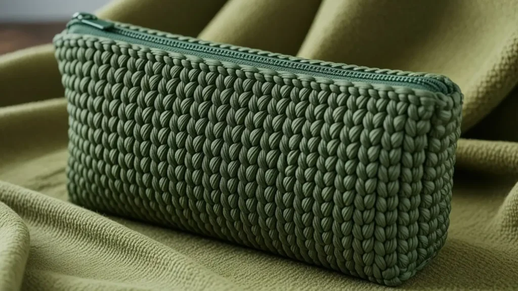Forest green Tunisian crochet pencil pouch with woven stitch texture