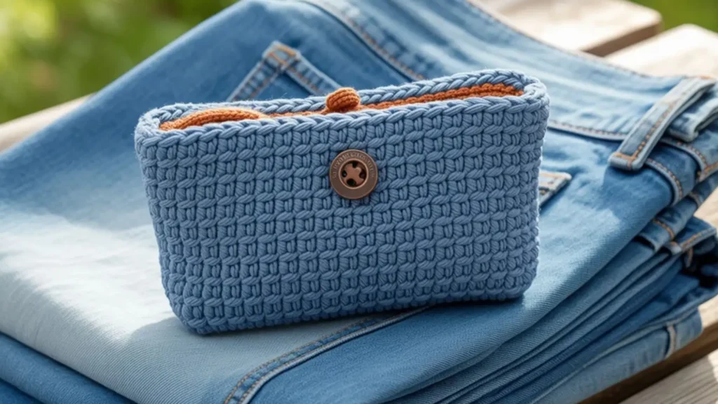Denim-look crochet pencil case pattern with copper button closure