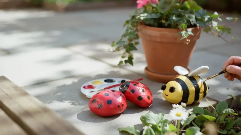 Painted rocks decorated as colorful ladybugs and bees.