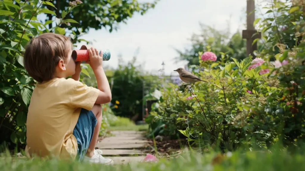 Child exploring outdoors with handmade cardboard tube binoculars.