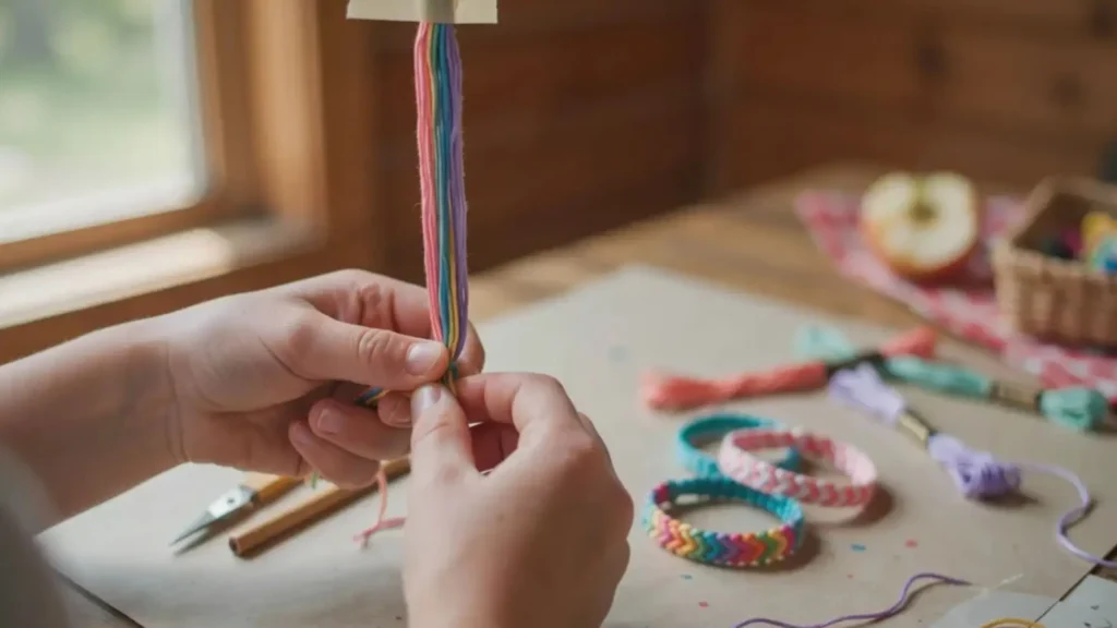 Child braiding colorful embroidery floss into a friendship bracelet.