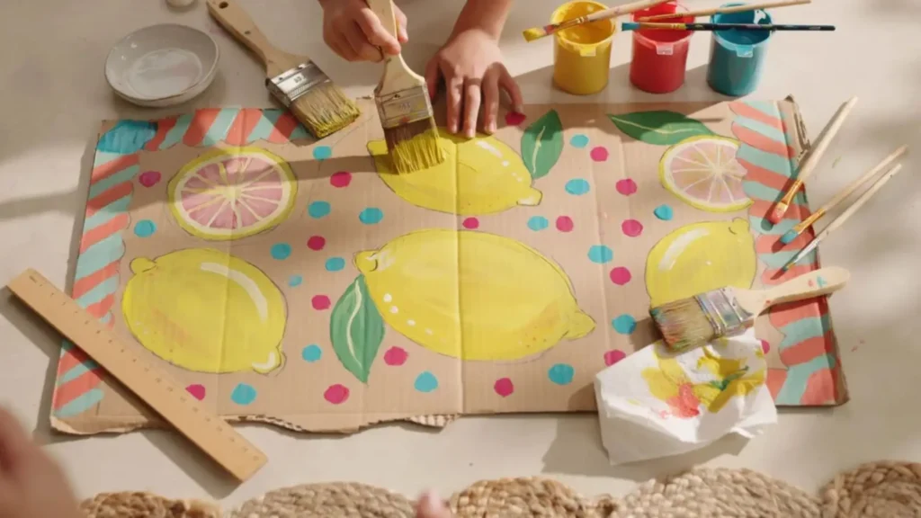Children painting lemons and colorful designs on a summer stand banner.
