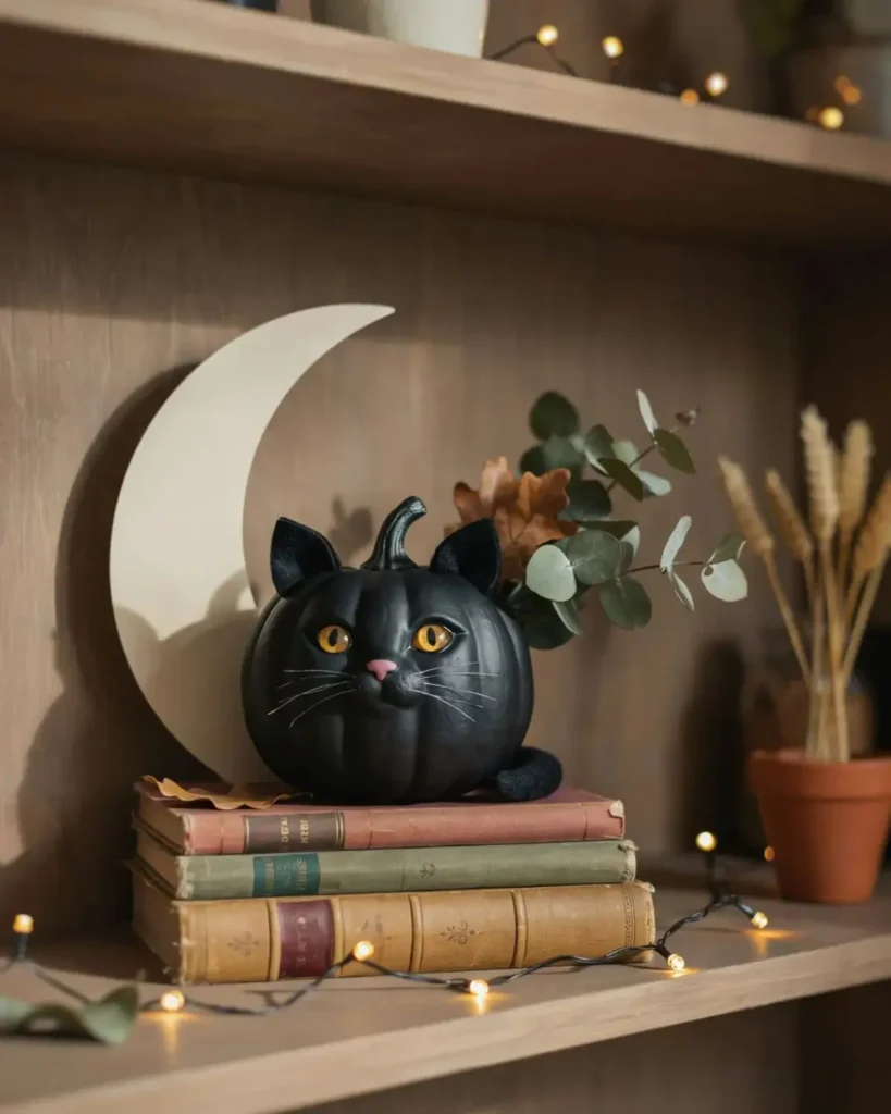 Black cat painted pumpkin with felt ears, golden eyes, white whiskers, and a curled tail.