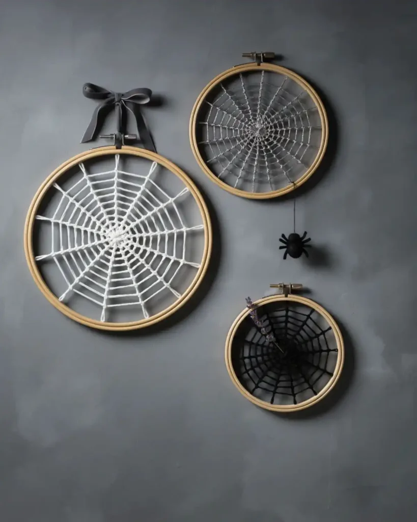 Three embroidery hoops woven with black, white, and silver yarn to create Halloween spiderweb wall art.