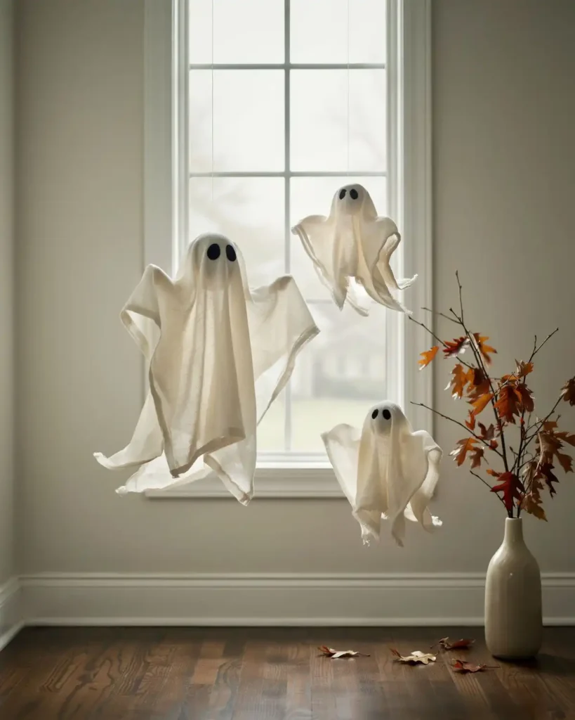 Three translucent handmade cheesecloth ghosts floating near a tall window in soft daylight.