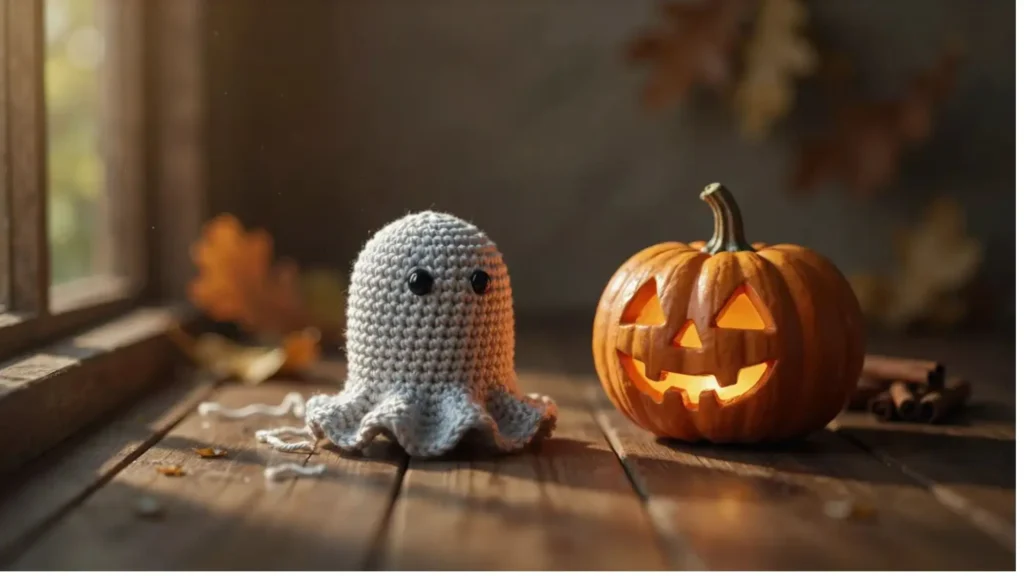 Handmade white crochet ghost amigurumi, easy Halloween crochet pattern for beginners