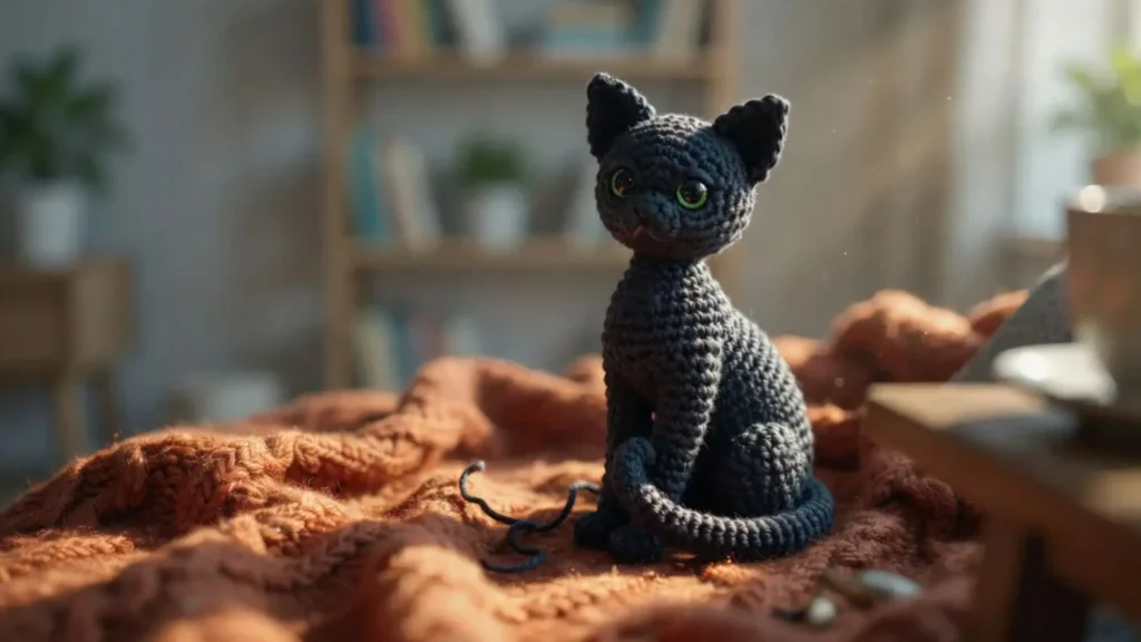 Black crochet cat amigurumi, cute Halloween crochet pattern for kids