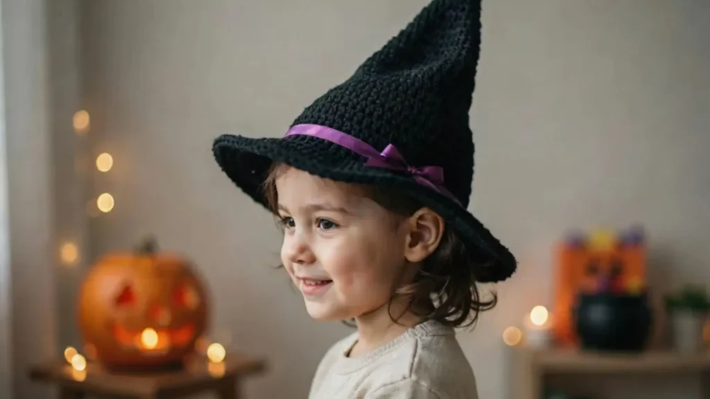Black crochet witch hat with wide brim, Halloween crochet costume pattern