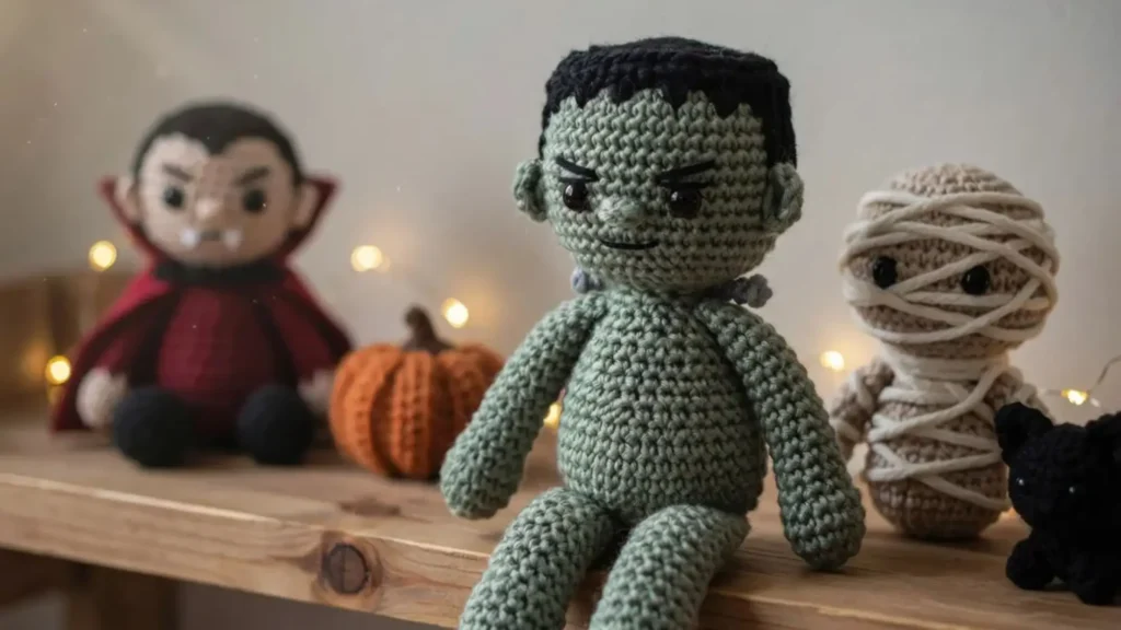 Green crochet Frankenstein amigurumi, fun Halloween crochet pattern