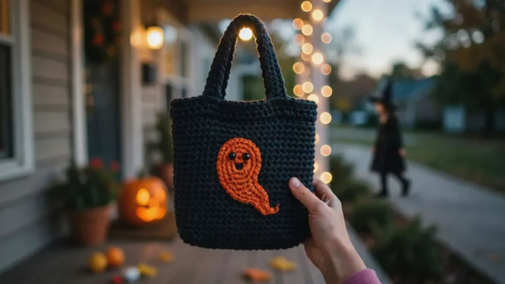 Black crochet trick-or-treat tote bag with ghost applique