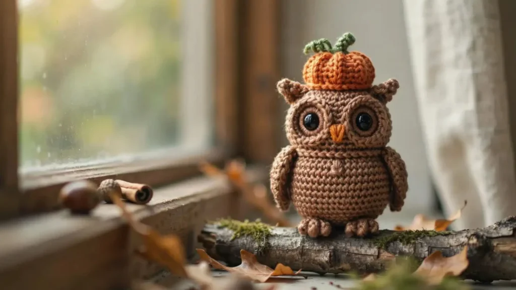 Crochet owl amigurumi wearing a pumpkin hat, Halloween crochet idea