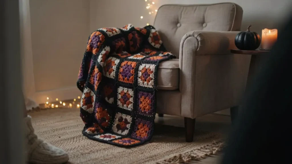 Black orange purple crochet granny square blanket, Halloween crochet throw