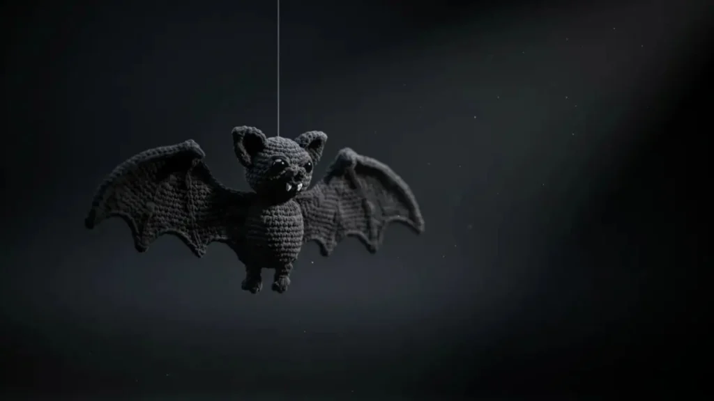 Black crochet vampire bat amigurumi with fangs, Halloween crochet pattern
