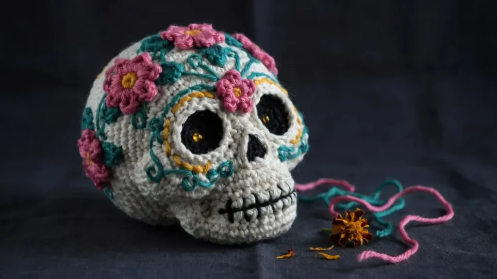 Colorful crochet sugar skull amigurumi, Halloween crochet pattern
