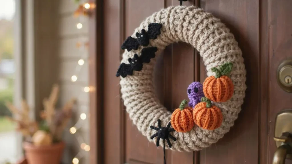 Crochet-covered Halloween wreath with bat and spider appliques