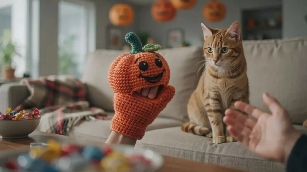 Orange crochet pumpkin hand puppet, kid-friendly Halloween crochet idea