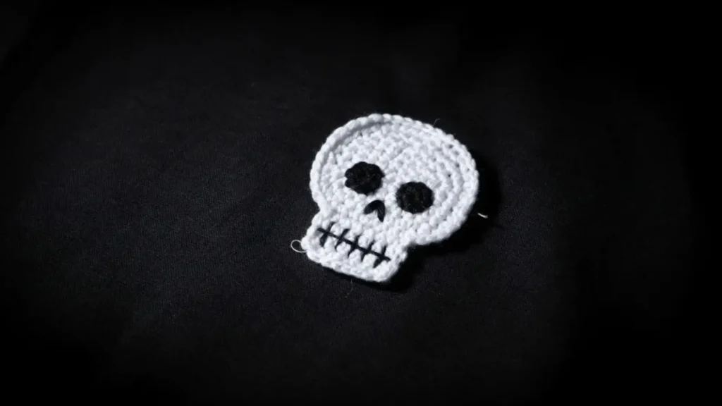 Flat white crochet skull applique on tote bag, Halloween crochet decoration