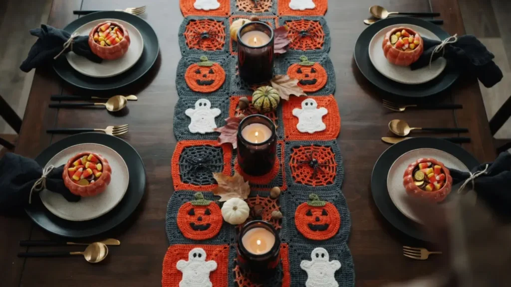Crochet table runner with pumpkin ghost spiderweb motifs, Halloween crochet decor