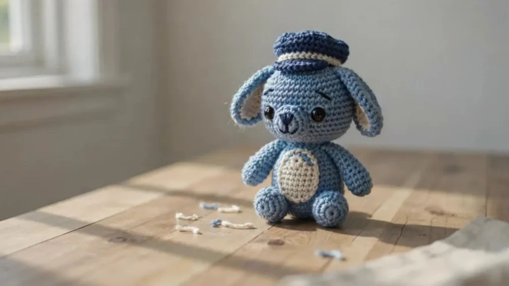  A handmade amigurumi crochet police puppy toy in blue and cream yarn, wearing a small crocheted cap, sitting on a wooden surface.