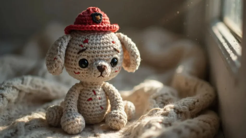  A crochet amigurumi puppy toy in cream yarn with red spots, wearing a small red helmet, placed on a soft blanket.