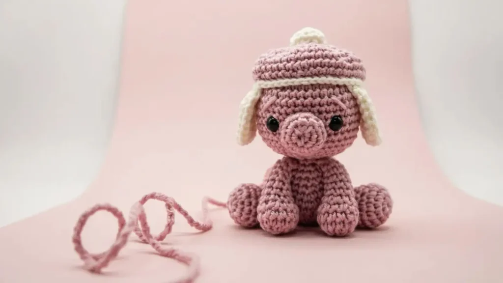 A pink and cream amigurumi crochet puppy wearing a small pilot-style headpiece, sitting on a pastel background.